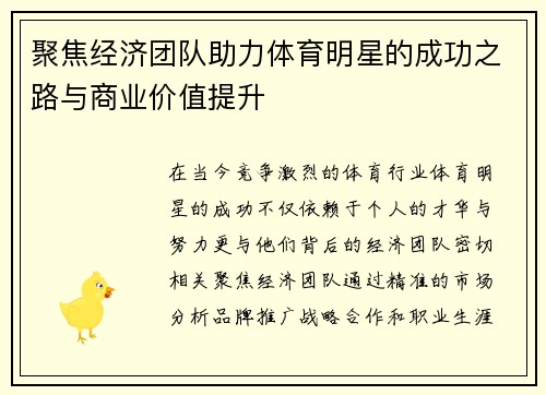 聚焦经济团队助力体育明星的成功之路与商业价值提升