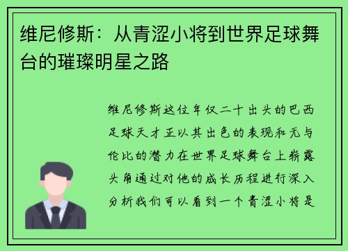维尼修斯：从青涩小将到世界足球舞台的璀璨明星之路